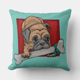 Niedlicher Mops mit großem Knochen Kissen