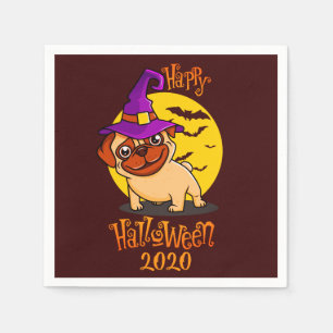 Niedlicher Mops mit Lila Hexenhut Halloween Serviette