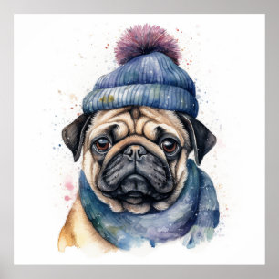 Niedlicher Mops mit Mütze und Schal Poster