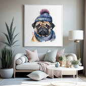 Niedlicher Mops mit Mütze und Schal Poster