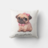 Niedlicher Mops mit rosa Bow Personalisiert Kissen (Vorderseite)