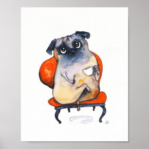 Niedlicher Mops mit Tee Cup auf Red Sessel Hunde L Poster