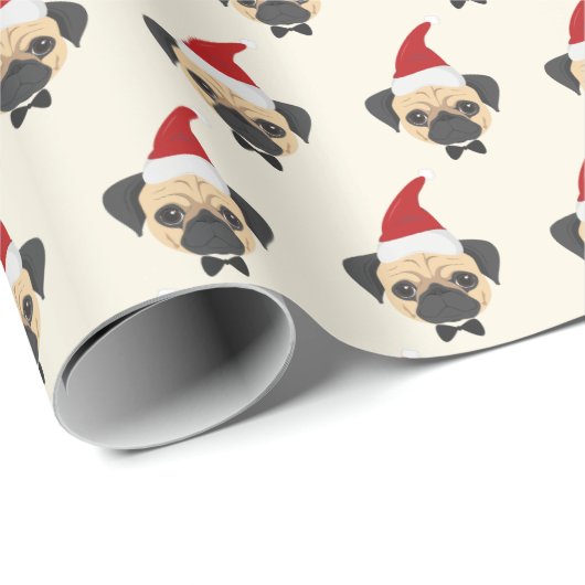 Niedlicher Mops mit Weihnachtsmannmütze Muster Wei Geschenkpapier (Rolleneckpunkt)