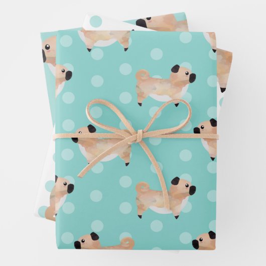 Niedlicher Mops personalisierten aquamarine gemust Geschenkpapier Set (Beispiel)