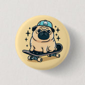 Niedlicher Mops Skate-Boarding Button (Vorderseite)