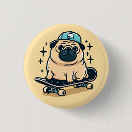 Niedlicher Mops Skate-Boarding Button