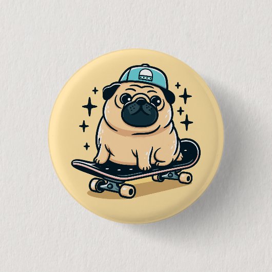 Niedlicher Mops Skate-Boarding Button (Vorderseite)