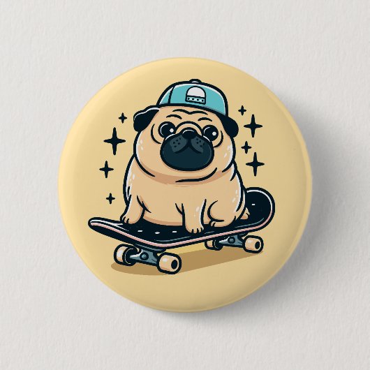 Niedlicher Mops Skate-Boarding Button (Vorderseite)