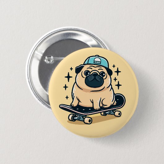 Niedlicher Mops Skate-Boarding Button (Vorne & Hinten)