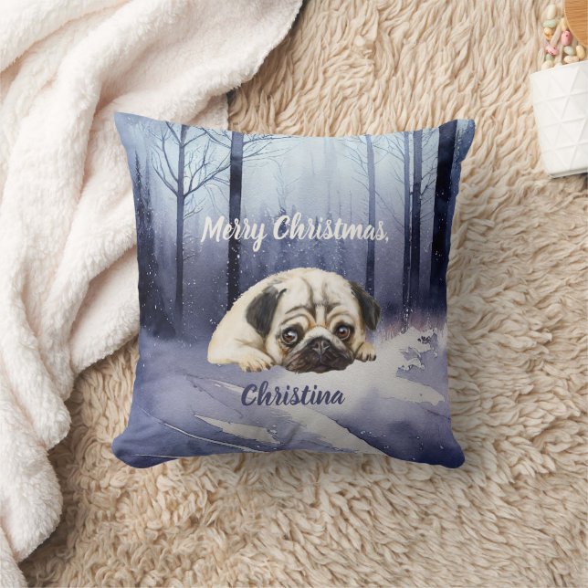Niedlicher Mops Sondertext Winter Forest Edition Kissen (Decke)