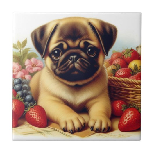 Niedlicher Mops Vintage Malerei Fliese (Vorderseite)