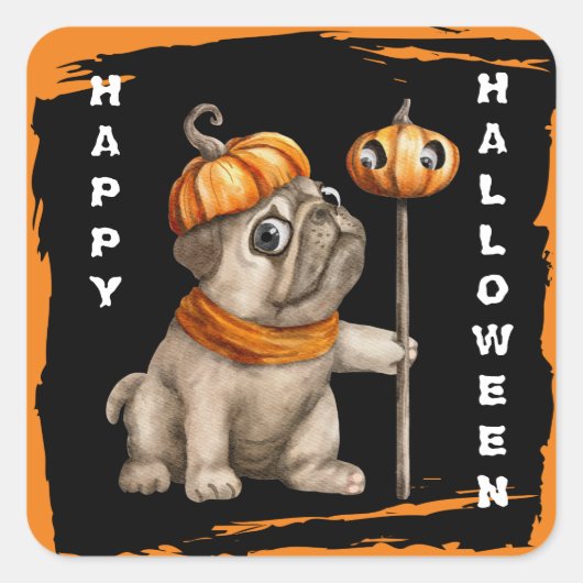 Niedlicher Mops Welpe Kids Halloween Quadratischer Aufkleber (Vorderseite)