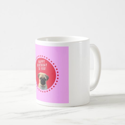 Niedlicher Mops Welpen Hund Happy Birthday Red Dot Kaffeetasse (VorderseiteRechts)