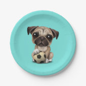 Niedlicher Mops-Welpen-Hund mit Pappteller (Vorderseite)