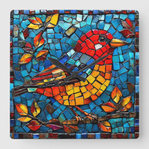 Niedlicher Mosaikvogel Quadratische Wanduhr