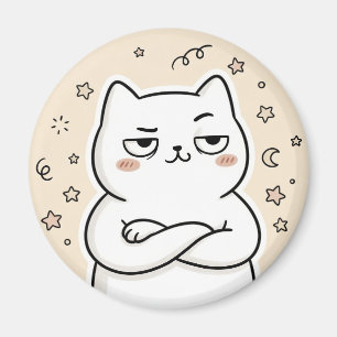Niedlicher mürrischer weißer Katzen-Kawaii-Rundmag Magnet