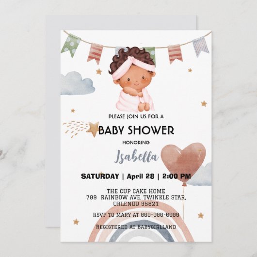 Niedlicher nach Regenbogenstar Ballon Babydusche P Einladung (Vorne/Hinten)