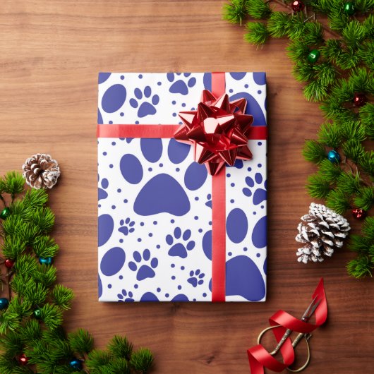 Niedlicher, nahtloser Blue Paw Print Holiday Geschenkpapier (Feiertagsgeschenk)