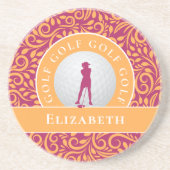 Niedlicher Name der Golfer-Silhouette Rosa Orange Getränkeuntersetzer (Vorne)