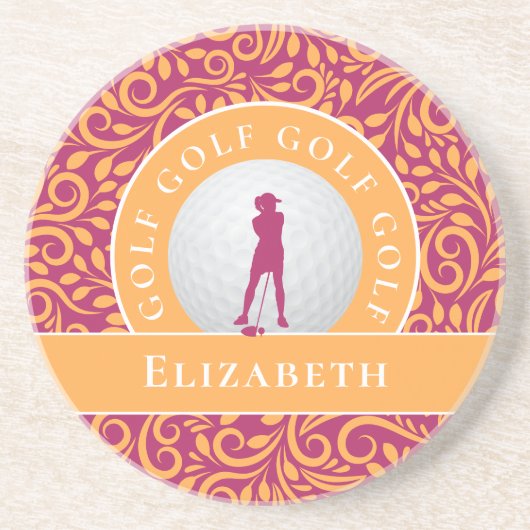Niedlicher Name der Golfer-Silhouette Rosa Orange Getränkeuntersetzer (Vorne)