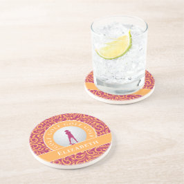 Niedlicher Name der Golfer-Silhouette Rosa Orange Getränkeuntersetzer