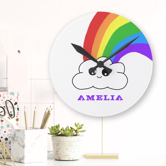 Niedlicher Name Kawaii Cloud Rainbow Kid Runde Wanduhr