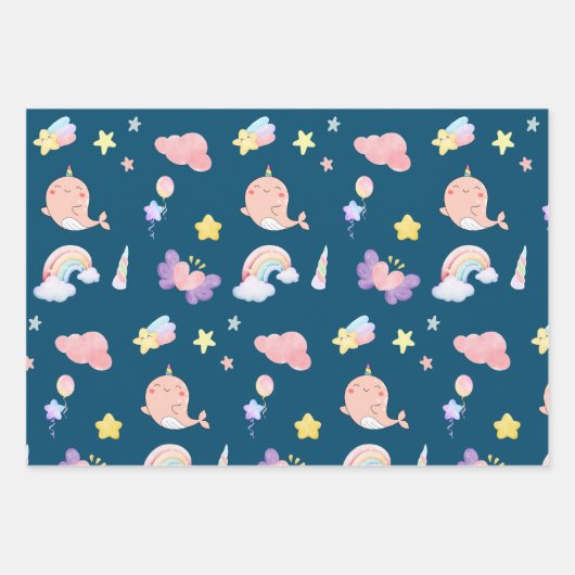 Niedlicher Narwhal Fisch Einhorn Regenbogensee Geb Geschenkpapier Set (Vorderseite 3)