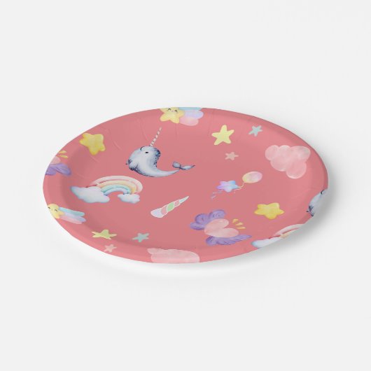 Niedlicher Narwhal Fisch Einhorn Regenbogensee Geb Pappteller (Schrägansicht)