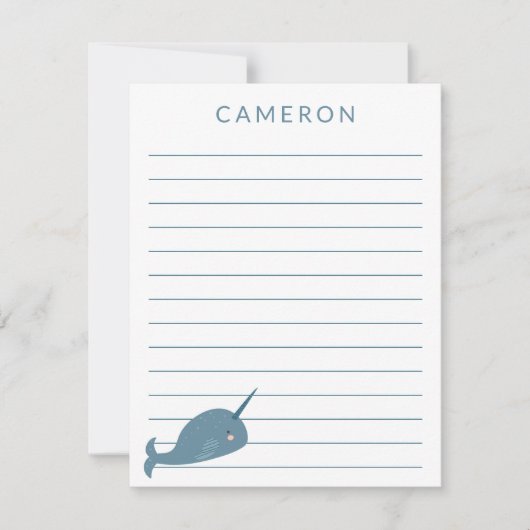 Niedlicher Narwhal in Blue Personalisiert Kids Lin Dankeskarte (Vorderseite)