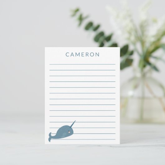Niedlicher Narwhal in Blue Personalisiert Kids Lin Dankeskarte (Stehend Vorderseite)