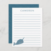 Niedlicher Narwhal in Blue Personalisiert Kids Lin Dankeskarte (Vorne/Hinten)