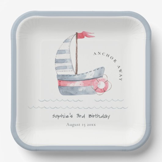 Niedlicher Nautic Soft Red Blue Sailboat Kindergeb Pappteller (Vorderseite)