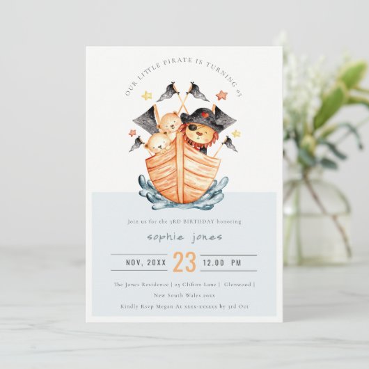 Niedlicher Nautical Pirate Ship Lion Cub Kindergeb Einladung (Stehend Vorderseite)
