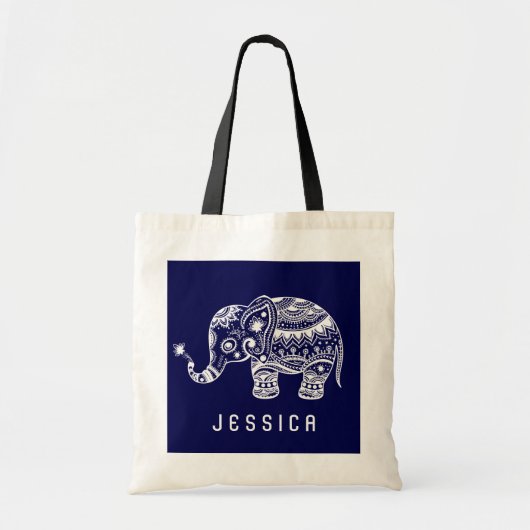 Niedlicher Navy-Blue- und White-Floral-Elefant Tragetasche (Vorne)