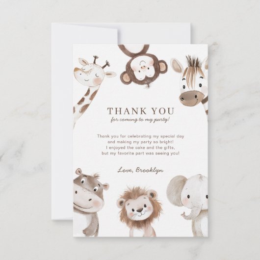 Niedlicher neutraler Safari-Dschungel 1. Geburtsta Dankeskarte (Vorderseite)