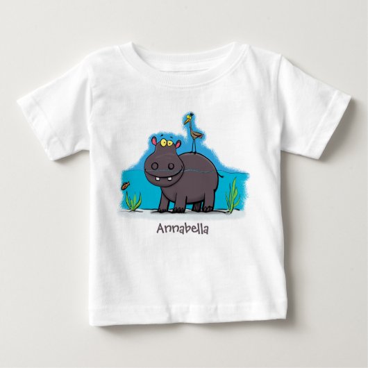 Niedlicher Nilpferd mit Vogel-Cartoon Baby T-shirt (Vorderseite)