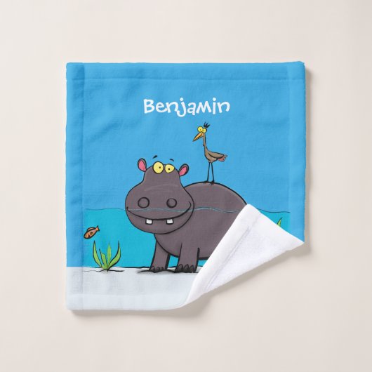 Niedlicher Nilpferd mit Vogel-Cartoon Badhandtuch Set (Waschlappen)