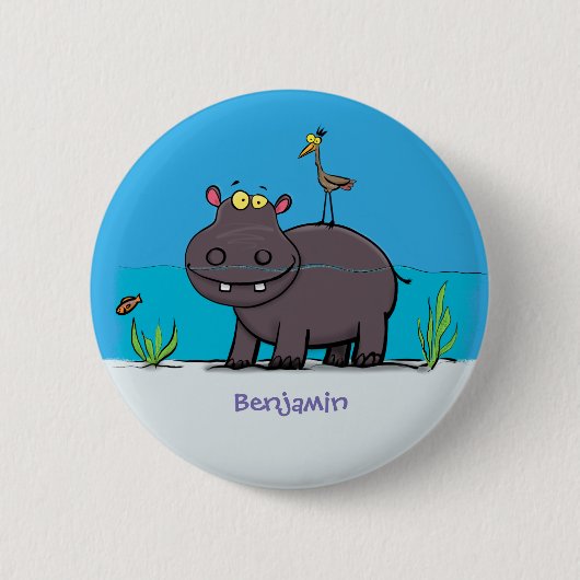 Niedlicher Nilpferd mit Vogel-Cartoon Button (Vorderseite)