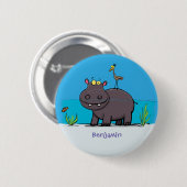 Niedlicher Nilpferd mit Vogel-Cartoon Button (Vorne & Hinten)