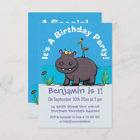 Niedlicher Nilpferd mit Vogel-Cartoon Einladung (Vorne/Hinten)