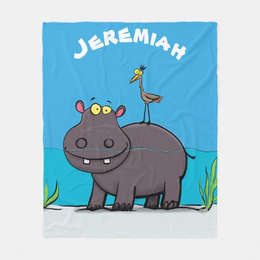 Niedlicher Nilpferd mit Vogel-Cartoon Fleecedecke (Vorderseite)