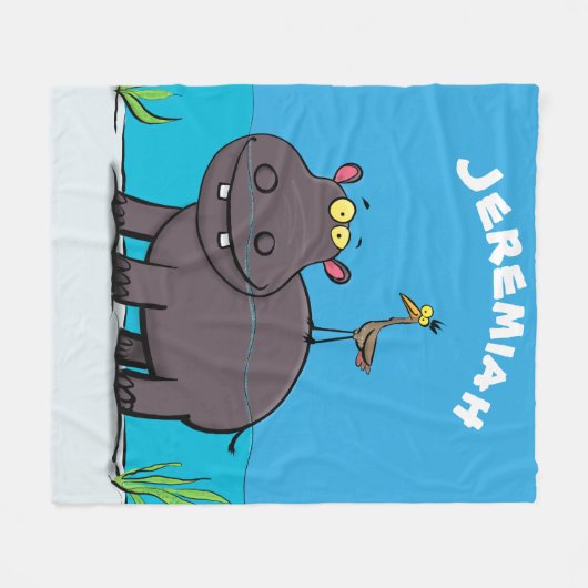 Niedlicher Nilpferd mit Vogel-Cartoon Fleecedecke (Vorderseite (Horizontal))