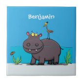 Niedlicher Nilpferd mit Vogel-Cartoon Fliese (Vorderseite)