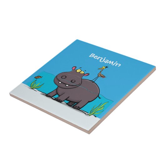 Niedlicher Nilpferd mit Vogel-Cartoon Fliese (Seite)