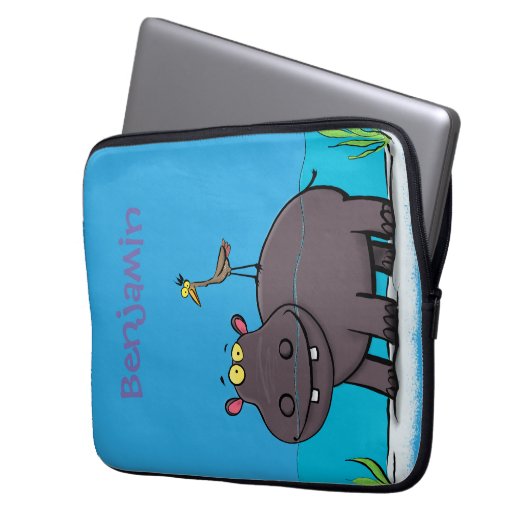 Niedlicher Nilpferd mit Vogel-Cartoon Laptopschutzhülle (Vorderseite Links)