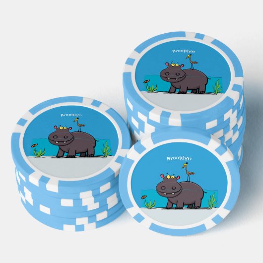 Niedlicher Nilpferd mit Vogel-Cartoon Pokerchips (Stapel)