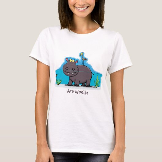 Niedlicher Nilpferd mit Vogel-Cartoon T-Shirt (Vorderseite)