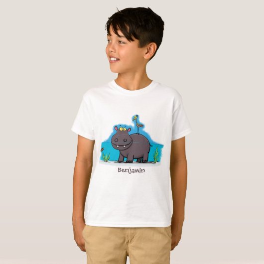 Niedlicher Nilpferd mit Vogel-Cartoon T-Shirt (Vorne ganz)