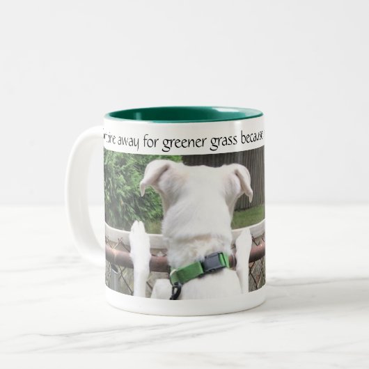 Niedlicher Nosey White Hund mit Blick auf das Gras Zweifarbige Tasse (Vorderseite Links)