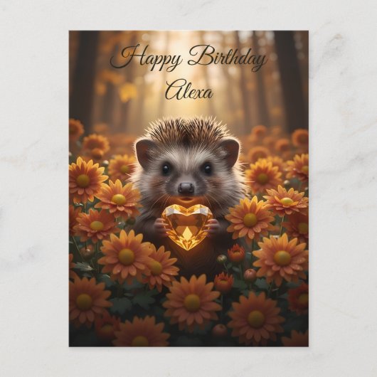 Niedlicher November-Igel mit Topas-Herz Postkarte (Vorderseite)